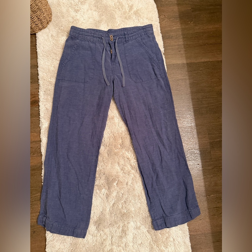 Patagonia Women's Blue Linen Ankle Pants Drawstring Button Straight Leg Pockets